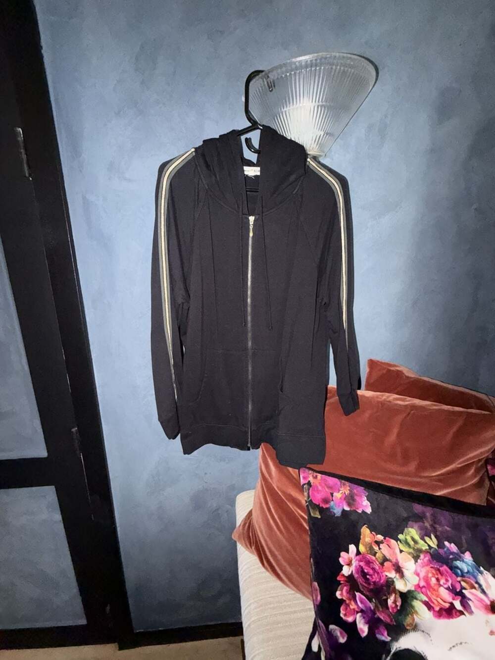 Johnny Was Calme Black Zip-Up Lounge Hoodie with Striped Sleeves